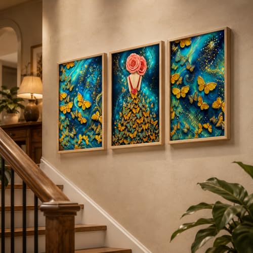 Image of Livin'luxe Set of 3 Butterfly Girl Abstract Wall Paintings for Living Room Dining Bedroom Decor with Premium Wooden Color Synthetic Frame (25.5 x 19.5 Inch) NM03-90