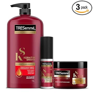 TRESemme Keratin Smooth Shampoo 1L + Hair Mask 300ml + Keratin Smooth hair serum 60ml | with Keratin, Argan, Marula and Camellia Oil | For salon smooth hair at home | Used by professionals