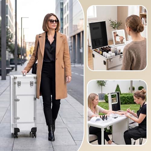 Image of Portable Manicure Table with 3 Drawers, Rolling Foldable Nail Desk with Detachable Mirror, Professional Makeup Train Case with Wheels and TSA Lock for Nail Techs & Salon Use