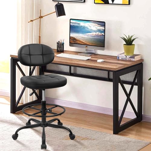 Image of KLASIKA Drafting Stool with Backrest, Tall Adjustable Height Office Chair, PU Leather Swivel Rolling Stool with Footrest & Wheels for Standing Desk, Bar, Salon, Spa, Lab, Counter, Home, Black,4PK