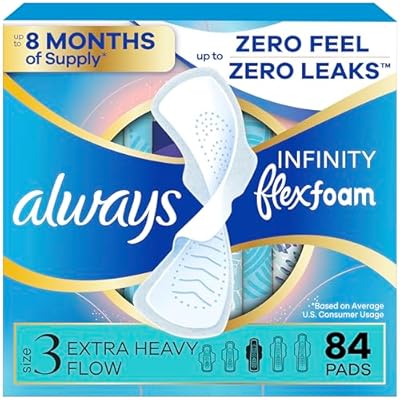 Always Infinity Feminine Pads for Women, Flexfoam Pads with Wings, Size 3, Extra Heavy Absorbency, Unscented, 84 Count 3 Packs of 28