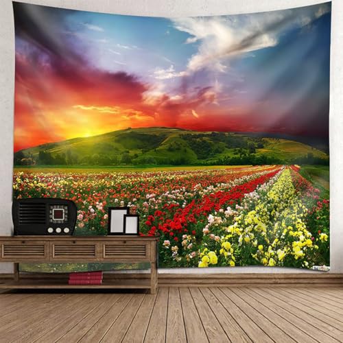 Tapisserie murale 200x200cm champ de fleurs et tenture paysage decoration