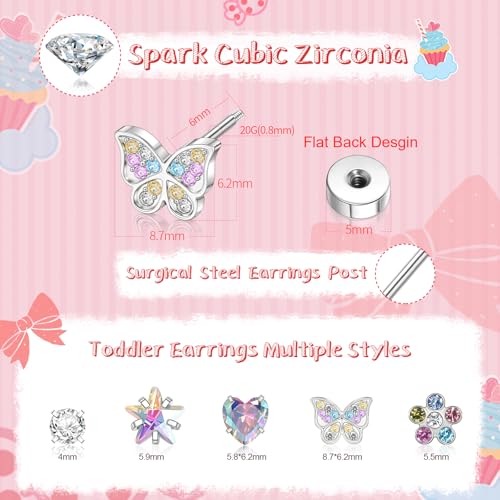 Hypoallergenic Earrings for Girls,Toddler Screw Back Earrings for Kids Baby Women Lightweight Surgical Stainless Steel Colorful Bow Butterfly Heart Flower CZ Flat Back Stud Earring for Sensitive Ears2