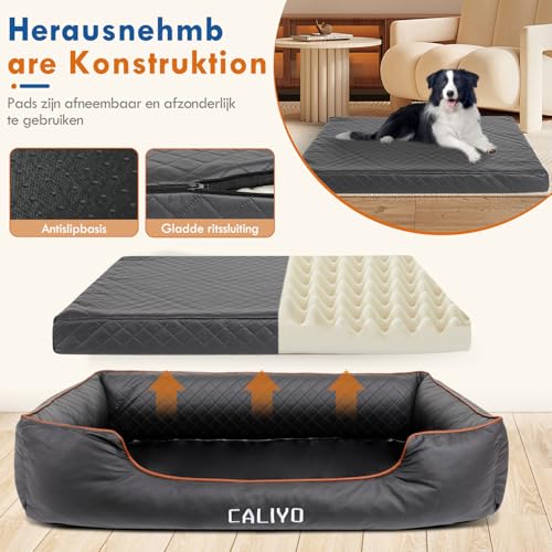 CALIYO Orthopädisches Hundebett Grosse Hunde – Hundekissen aus Kunstleder, Wasserdicht & Waschbar, Memory Foam Hundesofa mit 4 Rändern, Hundematte 127×97×18CM, Schwarz