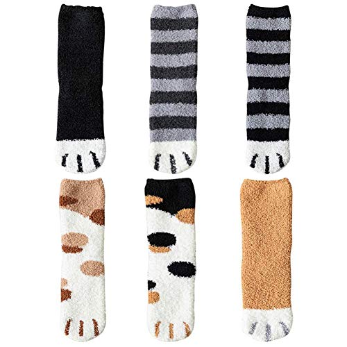 Cokeymove 6 Pares de Calcetines de Terciopelo Coral de Dibujos Animados de Felpa, Garras de Gato, Calcetines Suaves, Gruesos, cálidos y Suaves para el otoño e Invierno