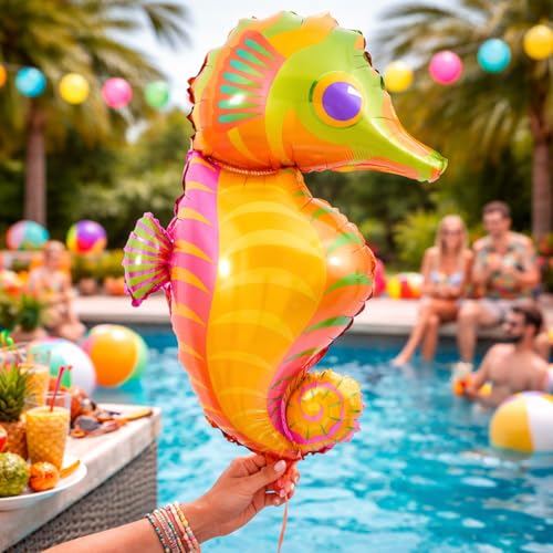Image of Rozi Decoration Seahorse Shape Foil Balloon for Birthday Parties Decoration, Ocean Theme Balloon for Kids Celebration, Pool Party, Beach Theme Event and Underwater Decor Pack of 1
