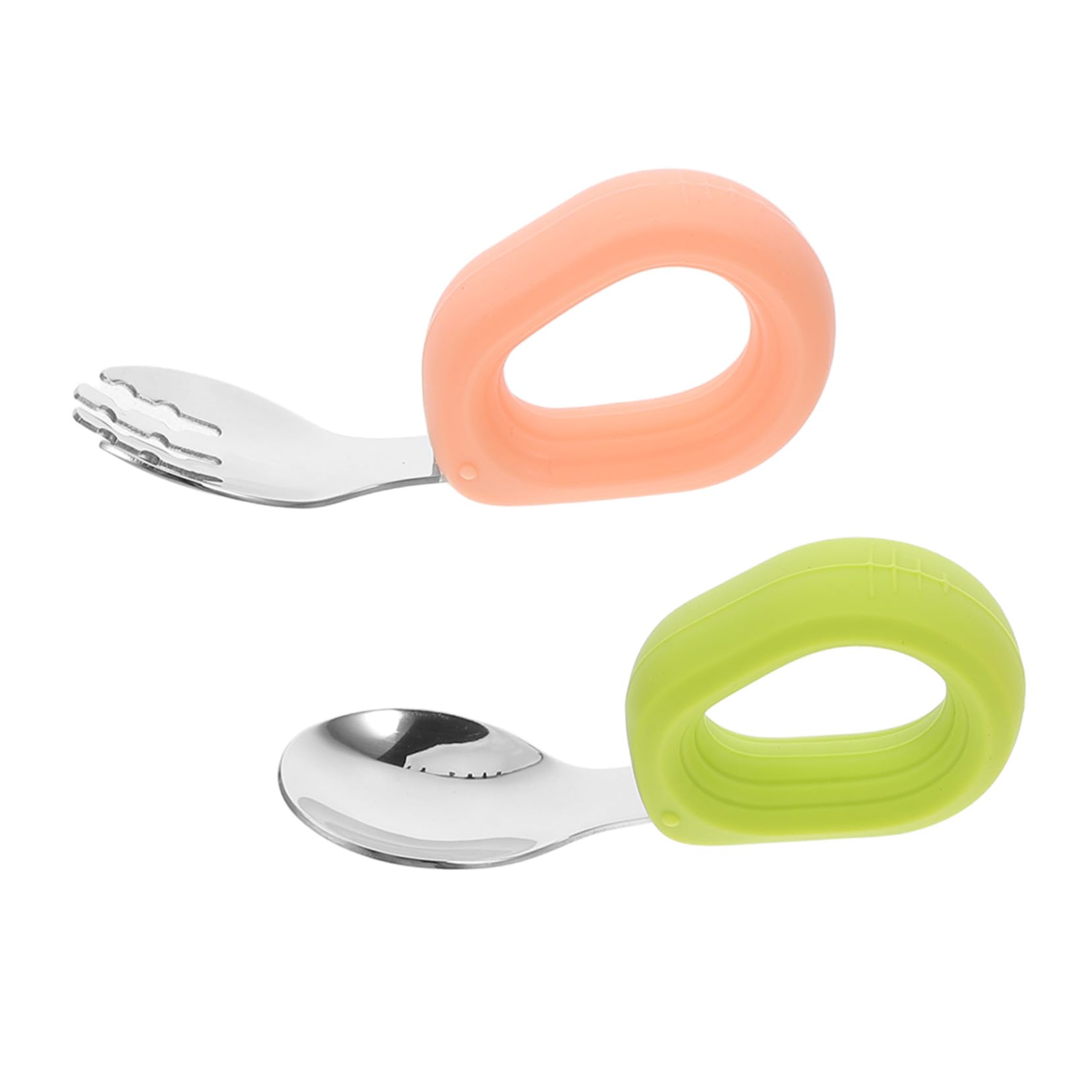 3 Set Posate Acciaio e Silicone Manico Corto Ergonomico Antiscivolo Cucchiaio e Forchetta Curva per Anziani Uso Quotidiano