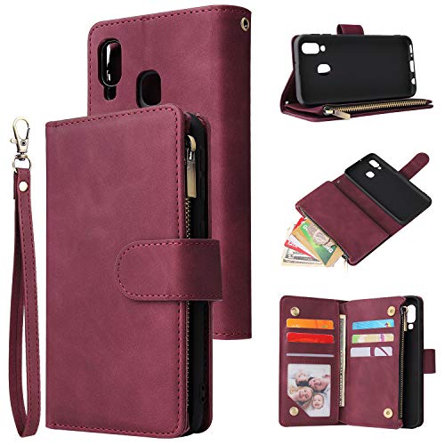 UEEBAI Coque pour Samsung Galaxy A40, Etui en Cuir PU Portefeuille Rétro Antichoc Flip Case Housse avec Fentes de Cartes Fonction Support, Fermeture Magnétique - Vin Rouge