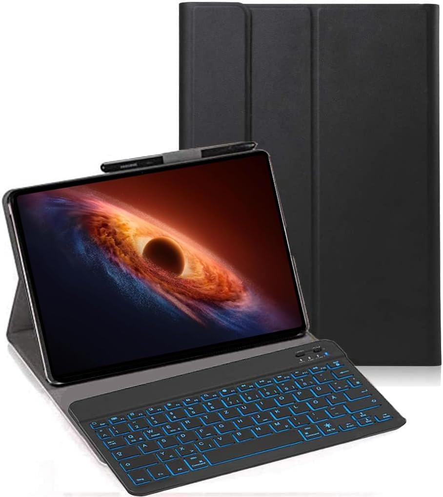 Custodia con tastiera per tablet Honor Magic Pad 4 da 12,3 pollici, QWERTZ tedesco, ultra sottile, con illuminazione a 7 colori, tastiera wireless con custodia protettiva, nera