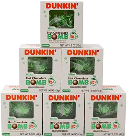 Dunkin' Mint Hot Chocolate Bomb(Pack of 6), Mint-Flavored Belgian Milk Chocolate Melting Ball Filled with Mini Marshmallows, 1.6 Ounce, Individually Wrapped, Easter Basket Stuffer Gift for Kids Girls Boys Teens Adults