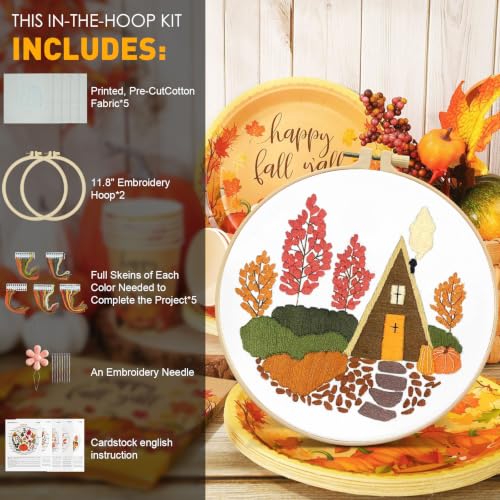 Image of 5 Sets Fall Embroidery Kit for Beginners Adults Embroidery Starter Kit Mushroom Maple Leaf Autumn Cross Stitch Kits Embroiderys Needlepoint Kits Include Instruction 2 Hoops Color Threads Needles