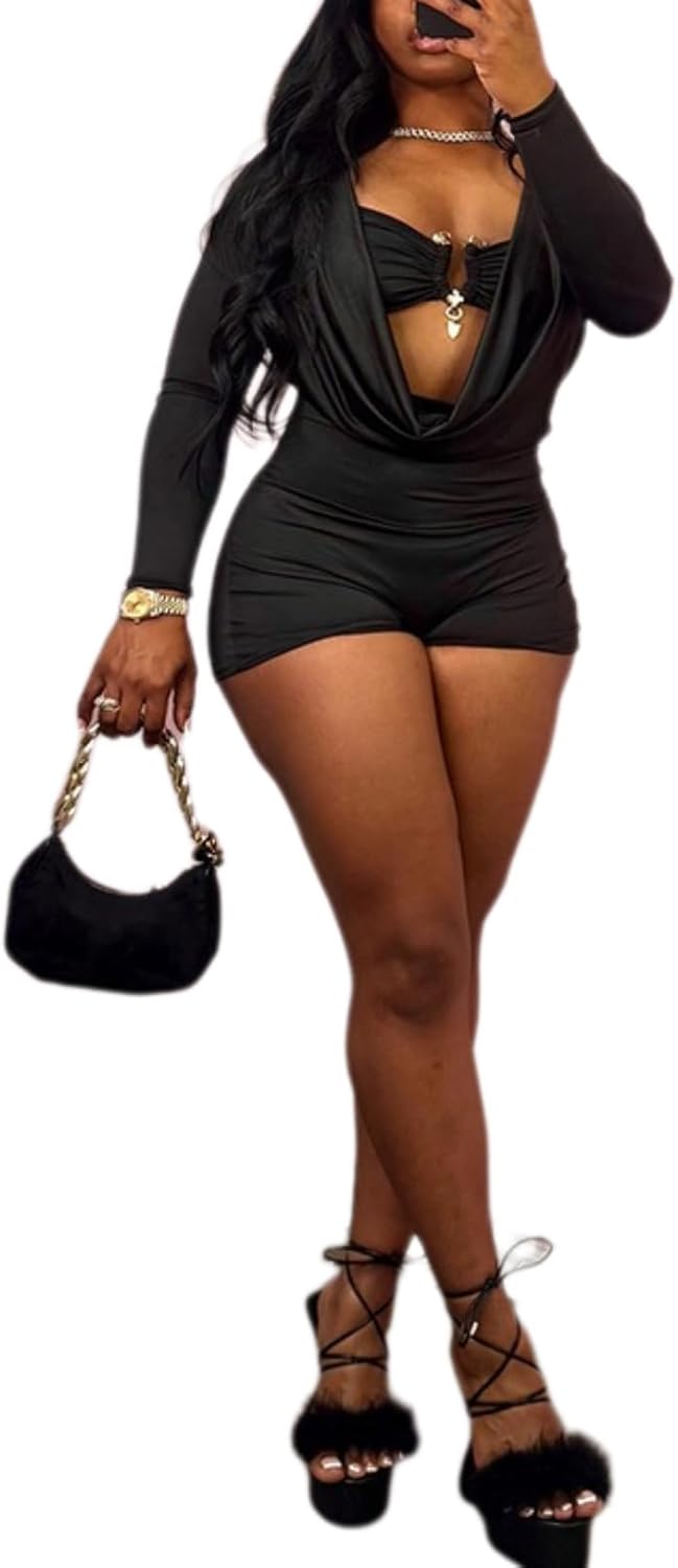 Jumpsuits for Women Sexy Deep V Neck Long Sleeve Romper Solid Color Bodycon Shorts Jumpsuit Going Out Outfits