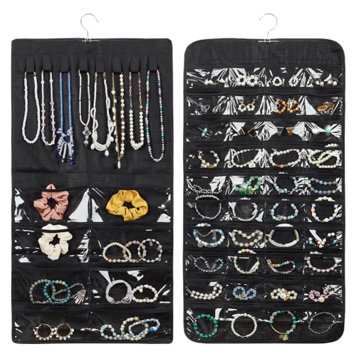FINGERINSPIRE 2 Pcss 2 Styles Organisateur de Bijoux Suspendus Organisateur de Porte Bijoux de Voyage Noir Avec Poches Pliable Rouleau Bijoux Tissu Non Tissé pour Boucles Colliers Pendentifs Stockage
