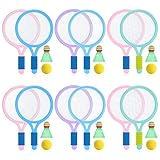 Leyndo 6 Pack Kid Tennis Racket with Bag, Plastic Racquet Include 12 Pcs 17 Inch Plastic Tennis Racket 6 Tennis Balls 6 Shuttlecocks for Children Toddler Indoor Outdoor Sports
