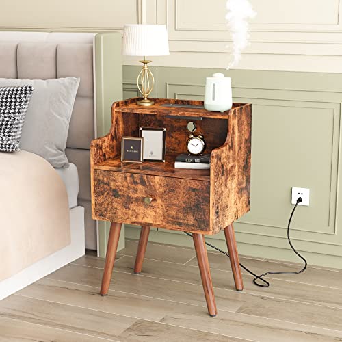 Nongshim Nightstand, Side Table With Charging Station, Mid-Century Modern Night Stands, Bedside Table With Storage Drawer And Solid Wood Legs, Accent End Table For Living Room, Bedroom, Rustic Brown #TOP1