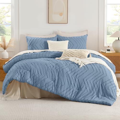 Image of Andency Greyish Blue Comforter Set Full Size, Boho Soft Warm Tufted Bedding Comforter Sets for Full Size Bed, 3 Pieces Aesthetic Chevron Farmhouse Cute Bohemian Textured Bed Set