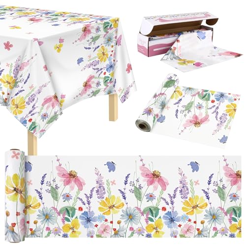 Image of Kochorie Spring Flower Tablecloth Roll with Cutting Box 54 Inch x 100 Feet Butterfly Wildflower Plastic Disposable Tablecloth Picnic Themed Backdrop Tea Party Supplies for Holiday Weeding Birthday