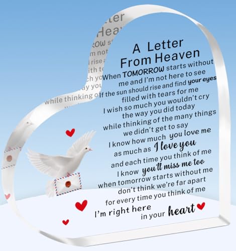 TTOVEN Plaques commémoratives en forme de cœur avec lettre du ciel, cadeau de condoléances, cadeau de commémoration, cadeau de condoléances pour perte de mère, père, cadeau commémoratif en forme de