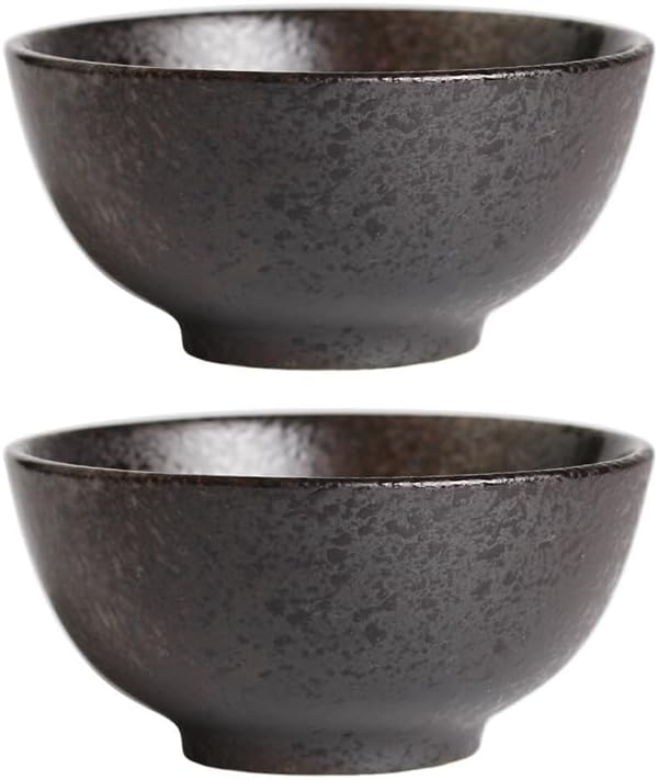- 2 Pack Japanese Ceramic Rice Bowls, 11.5oz Small Black Soup Bowl Set for Cereal, Ice Cream & Side Dishes, Rustic Textured Asian Dinnerware, Microwave Safe