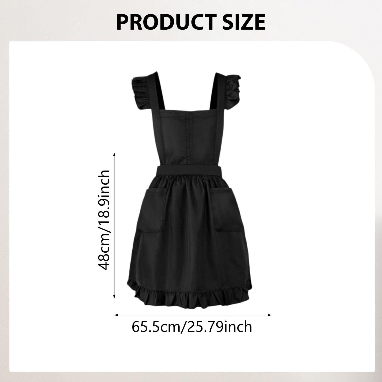 Grembiule retrò con volant regolabile per la casa per ragazze e donne, cucina, cottura, travestimento, cosplay, costume con tasche anteriori, Nero