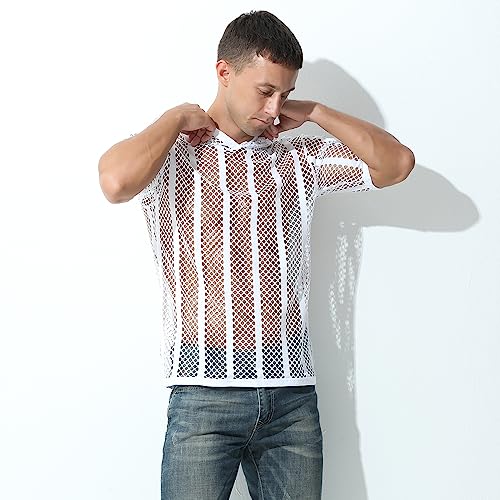 Evankin Mens Sexy Stripe Fishnet Hoodies See Through Mesh Short Sleeve T-Shirt Sheer Muscle Pullover2