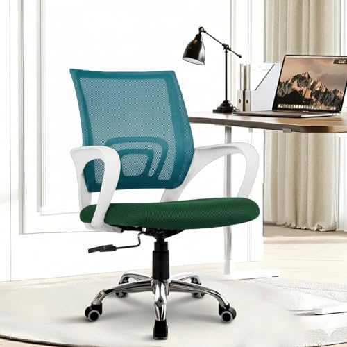 Image of Casa Copenhagen Mesh Mid Back Office /Study /Computer /Revolving /Desk Chair for Work from Home -Metal Base, Height Adjustable Seat- Green & White Handle