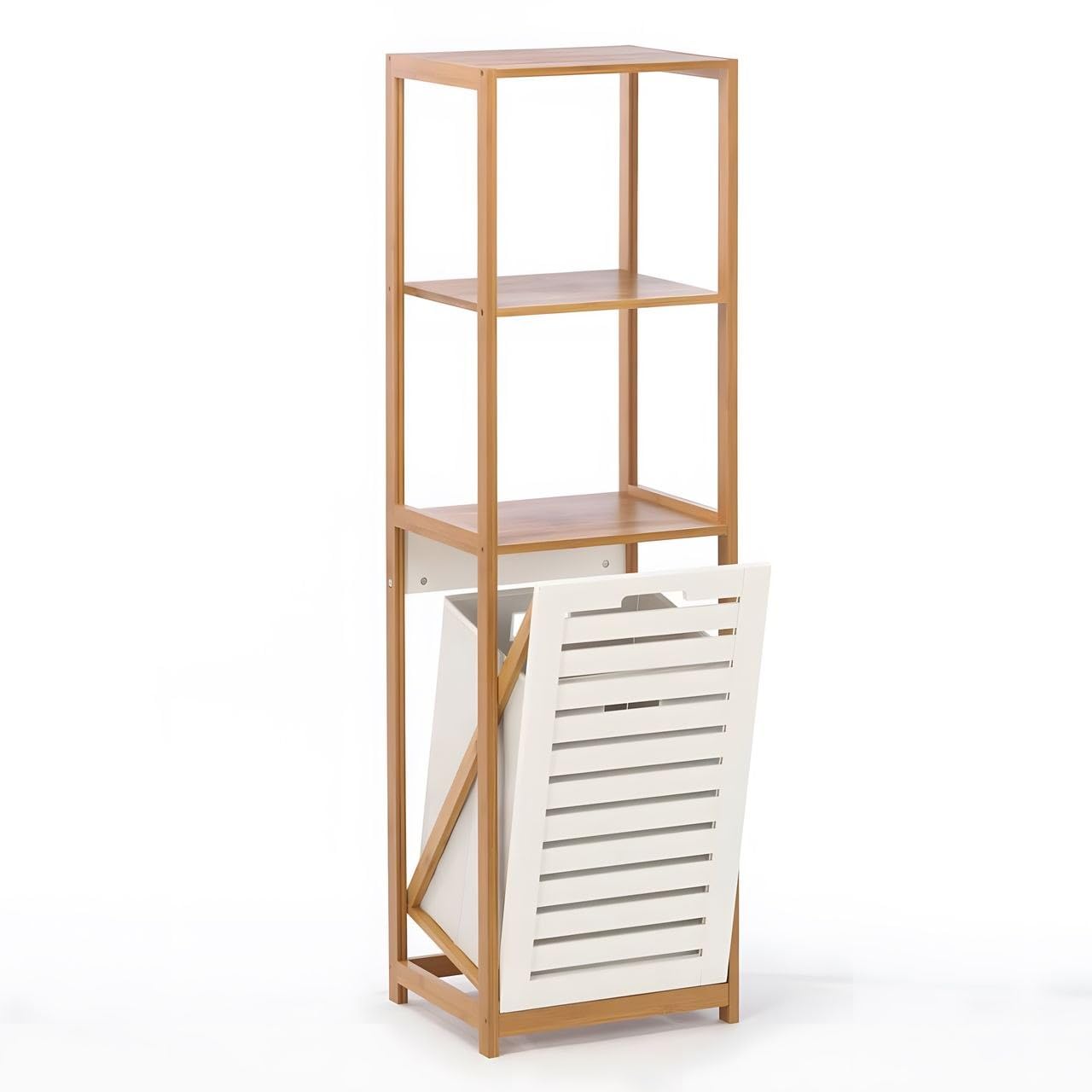Bambus Wäschesammler mit Regal – 3‑Stufiges Badezimmerregal mit Wäschekorb – Naturholz und Stoff, Badregal mit Wäschekorb Bambus, Wäschetruhe, Wäschebehälter, Schrank für Bad & Haushalt