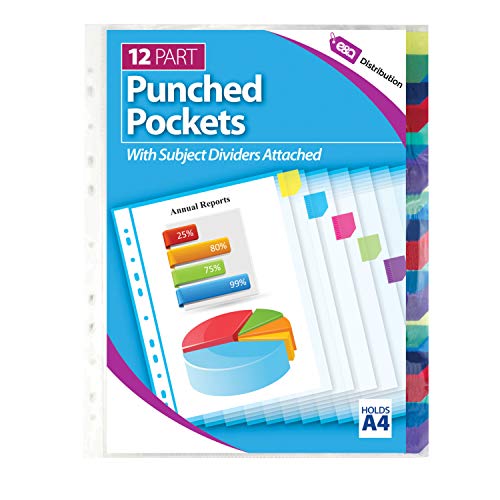 A4 Clear Plastic Punched Pockets Filing Folders Wallets Sleeves Document Files (Punched Pockets with Subject Dividers Attached)