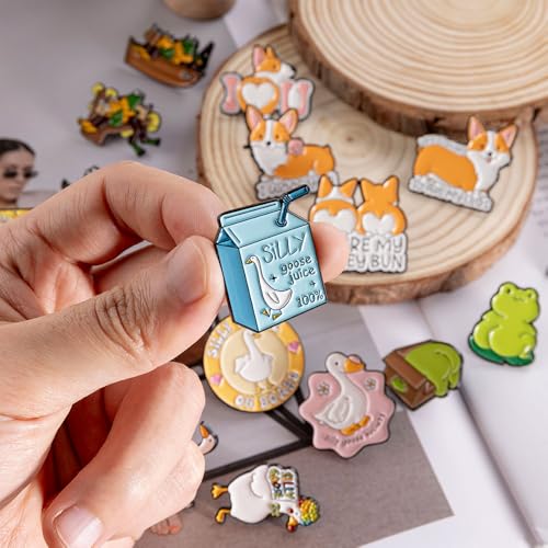 Image of Funny Animal Enamel Pins Set Corgi Frog Goose Cat Themed Badge Pins for Backpack Novelty Lapel Pins for Clothes Cartoon Brooches for Hats Bags Jackets