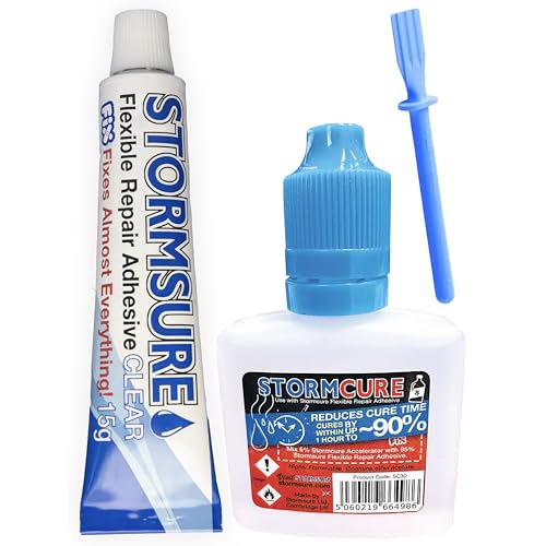 Stormsure Adhesivo Reparador Flexible 15g Transparente + 30ml Stormcure Acelerador + Espátula - Stormsure's 1-Hour Repair