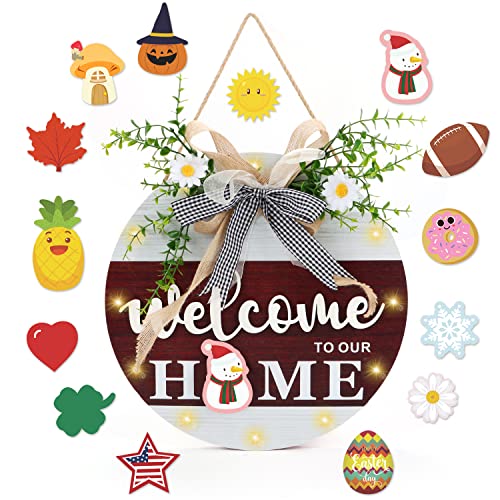 Anyzal Interchangeable Seasonal Welcome Sign Front Door Decor, Welcome to Our Home Sign Hanging Door Wreath with Lights for Holiday, Halloween, Thanksgiving, Christmas Decoration Housewarming Gifts Anyzal Interchangeable Seasonal Welcome Sign Front Door Decor, Welcome to Our Home Sign Hanging Door Wreath with Lights for Holiday, Halloween, Thanksgiving, Christmas Decoration Housewarming Gifts