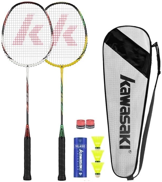 Kawasaki Badminton Set Professional Graphite Badminton Racket Lightweight & high Performance for Sports, Training and Entertainment Including 3 Badminton shuttlecocks & 2 overgrips & Carrying Bag Yellow/Green