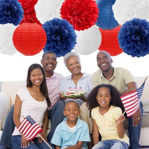 Image of Fourth-4th Of July Imemorial-Day Party-Decorations - 15pcs Red White Blue Paper-Flowers Lanterns,Patriotic Graduation Tissue Pom Poms Streamers,Independence Veterans Hanging Supplies Decor Hugfond