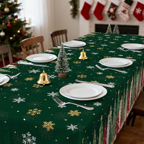 Image of Gistome 3-Piece 54 x 108 Inch Christmas Tree Plastic Tablecloth - Festive Green Holiday Disposable Table Cover for Winter Parties, Christmas Dinners, and Indoor Outdoor Decorations