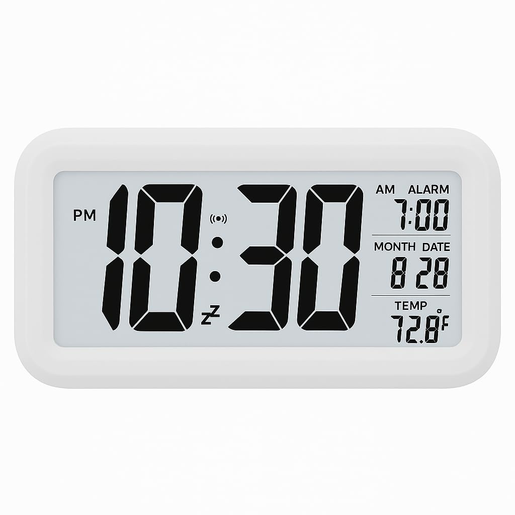 Digital Alarm Clock Table Clock for Students, Home, Office, Corporate with Automatic Sensor, Date & Temperature. (White Digital)