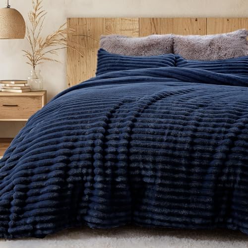Image of Sasttie King Comforter Set 3 Pieces - Super Soft Fleece Comforters King Size, 1 Luxury Warm Fuzzy Marshmallow Comforter with 2 Pillow Cases, Faux Fur Down Alternative Bedding Set, Marine Blue