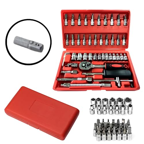 Jogo de Soquete Aço Crv 1/4 Kit Ferramentas Catraca Reversível Chave Allen com Maleta 46 Peças