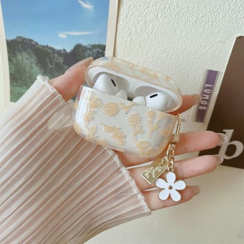 Image of MINSCOSE Compatible with AirPods Pro2 Clear Case,Cute Flower Floral Aesthetic Design with Flowers Keychain, Soft TPU Protective Shockproof Case for Women Girl for Airpods Pro2-Yellow