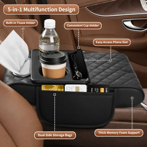 Cxprctpu 5-in-1 Universal Car Center Console Cover with Cup Holder, Upgrade Armrest Cushion for Car with Side Storage, PVC Leather Armrest Cover Pad with Phone Slot & Tissue Holder, Black by Cxprctpu - Image 2