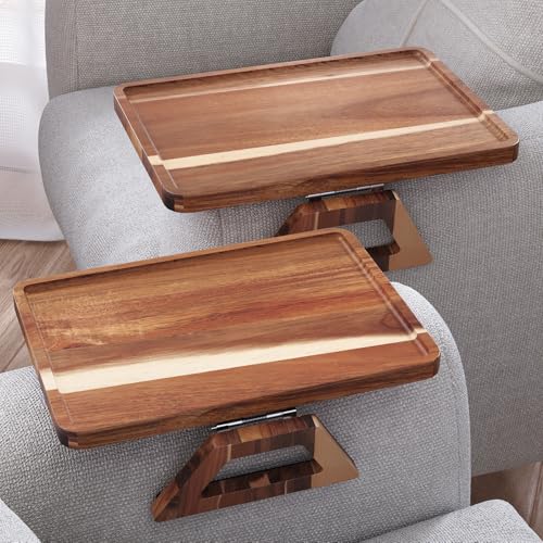 Danfoxer 2 Pack Acacia Wood Couch Arm Tray Couch Tray Folding Sofa Armrest Trays Couch Arm Table Clip-On Couch Desk for Drinks Snacks Phone Remote Control