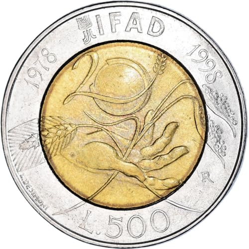1998 R 500 Lire Italian Commemorative Coin. Celebrating Italy's Fight Against World Hunger (FAO). 500 Lire, Monetized and Guaranteed by Italian Government. Graded By Seller Circulated Condition