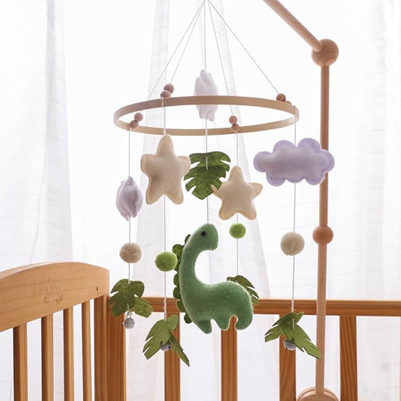 Baby Crib Mobile with Felt Dinosaur, Clouds and Leaves, Wooden Nursery Mobile for Baby Boys, Soothing Hanging Toy for Infant Crib, Perfect for Nursery and Bedroom Decor