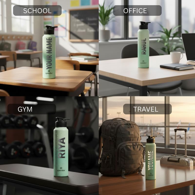 Image of Speedex Customised Stainless Steel Water Bottle 1 Ltr with Name - Personalised Engraved Sipper Cap Bottle for Kids, Men & Women, School, Gym, Office Dual Green, Set of 1
