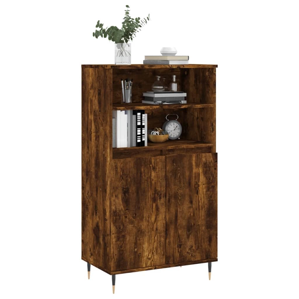 Générique Wysoki bufet wędzony dąb 60 x 36 x 110 cm, przemysłowy mebel z drewna inżynieryjnego z 6 przegródkami do przechowywania, praktycznymi drzwiami i wytrzymałym blatem, metalowe nogi dla