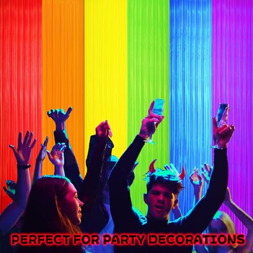 Image of 6 Pack Glow in The Dark Curtains Party Supplies 6.6 x 3.3 Ft Glow Tinsel Foil Fringe Curtains Colorful Photo Booth Prop Backdrop Streamer for Birthday Holiday Neon Party Decorations