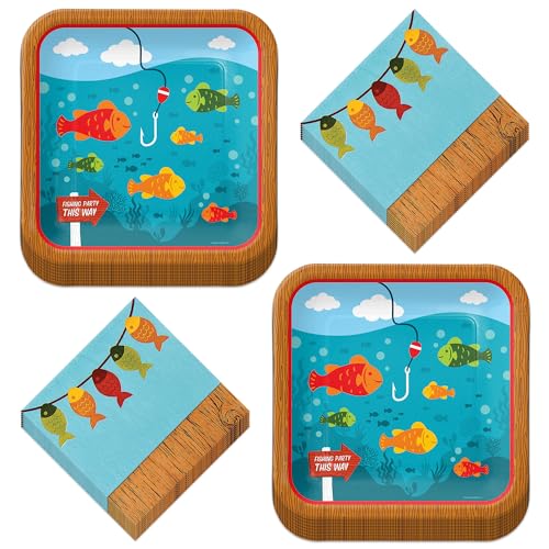 Gone Fishing Party Theme- Fishing and Camping Party Square Paper Dinner Plates and Lunch Napkins (16 Plates & Napkins)