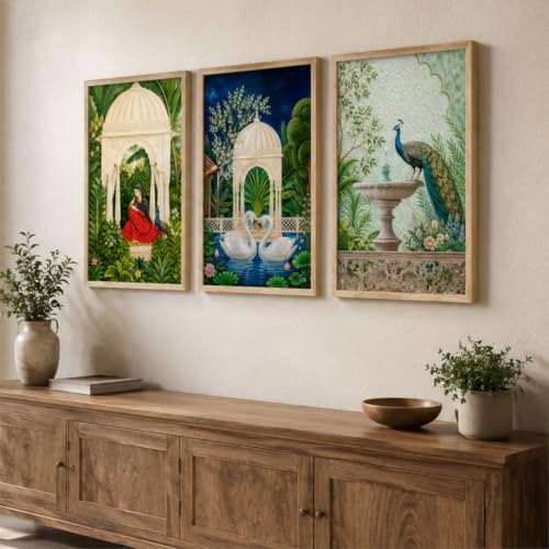 Image of Livin'luxe Set of 3 Royal Garden Wall Paintings for Living Room Dining Bedroom Home Decor with Premium Wooden Color Synthetic Frame (13.5 x 19.5 Inch) NM03-74