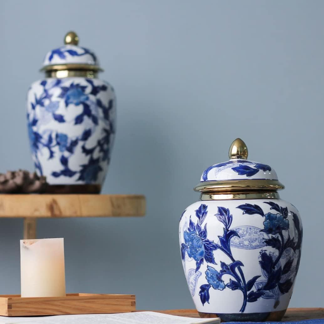 Food Storage Jar,Decorative Jar Ginger Jar Vase Decor Ceramic Ginger Jar Vases with Gold Trim Blue and White Porcelain Floral Vase Chinoiserie Temple Jar with Lid Ginger Ja,A-19.5 * 28Cm