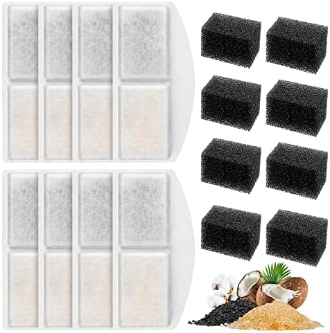 MyfatBOSS Pet Fountain Filter Replacement and Replacement Pre-Filter Sponges, 8+8 Pack Cat Water Fountain Filters and Foam Compitible with 100oz/3L Automatic Pet Fountain, Pack of 16