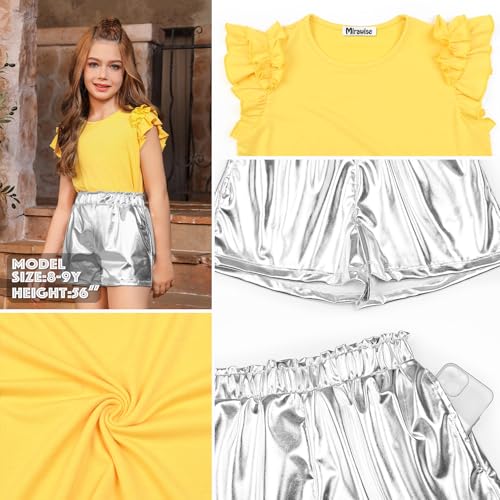 Image of Mirawise Girls Short Sets 2 Piece Outfits Metallic Shiny Shorts Ruffle Sleeve Shirt